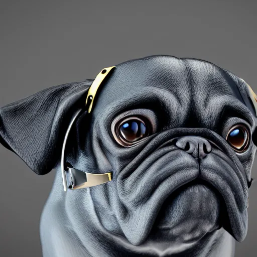 Prompt: 3 d rendered hyper realistic hyper detailed pug wearing a shiny leather gimp mask with zippers, octane render, blender, 8 k