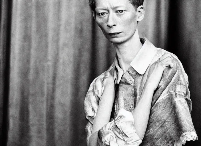 Image similar to professional fine detailed photo portrait of young tilda swinton from makhachkala, dagestan. kid tilda swinton in the postsoviet suburbia, iphone photo, instagram, black and white - - cfg _ scale 7