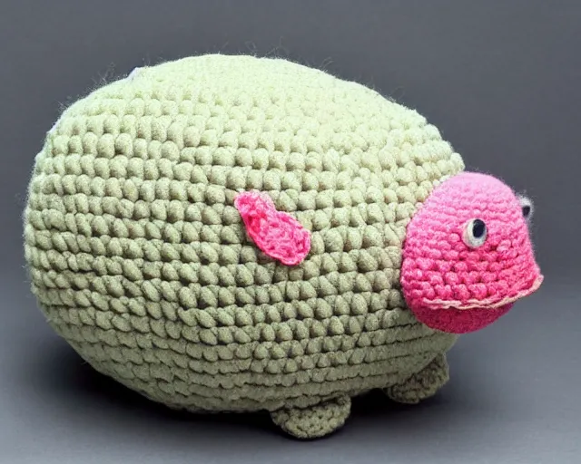 Prompt: crocheted blobfish, deep sea fish made of yarn, overstuffed with cotton stuffing, squishy, soft, plush, comfy, comfortable, comforting, soothing, sweet, tender, gentle, kind