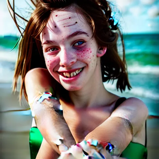 Image similar to portrait of a cute thin young woman, bronze brown hair, eye color is emerald green, red blush, cute freckles, smug smile, modern clothes, relaxing on the beach, golden hour, close up shot, 8 k, art by irakli nadar, hyperrealism, hyperdetailed, ultra realistic