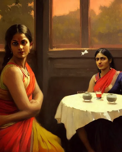 Image similar to a guy and girl on a date in a restaurant, saree, desi, art by greg rutkowski, gustave courbet, rosa bonheur, edward hopper. faithfully depicted facial expression, perfect anatomy, sharp focus, global illumination, radiant light, detailed and intricate environment, trending on artstation