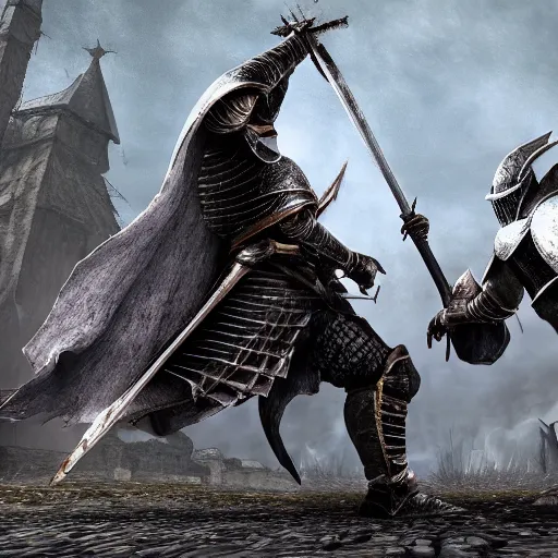 Prompt: 2 lords from dark souls having a battle