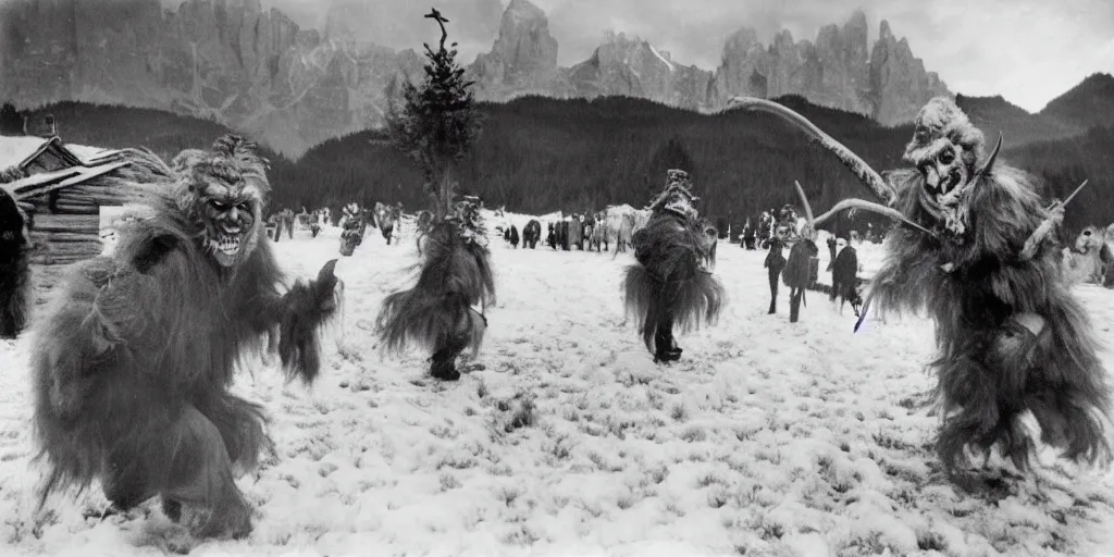 Image similar to krampus with big beak dancing in dolomites, hay fur, austrian folklore, 1920s photography, grainy, eerie, dark