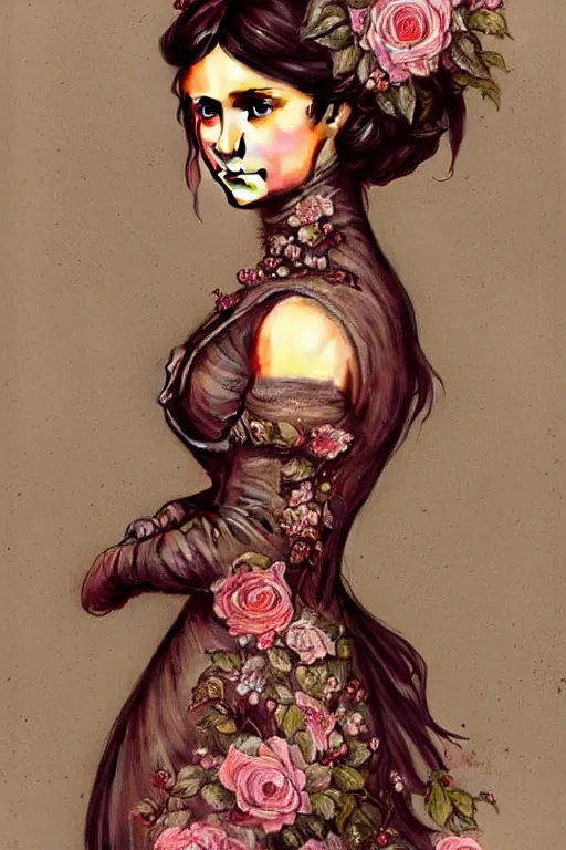 Prompt: Nina Dobrev dressed in a victorian roses dress fashion, D&D, fantasy, intricate, elegant, highly detailed, digital painting, artstation, concept art, matte, sharp focus, illustration, art by Artgerm and Greg Rutkowski and meredit frampton and Alphonse Mucha