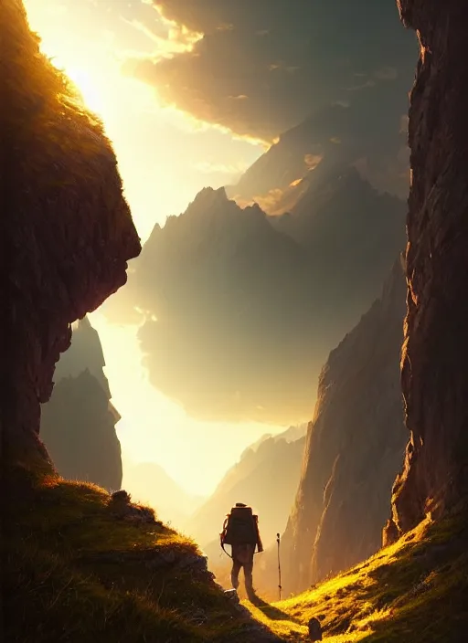 Prompt: traveler wanderer with a backpack on his back, a man goes through the mountains to meet adventures, cinematic view, epic sky, detailed, concept art, low angle, high detail, warm lighting, volumetric, godrays, vivid, beautiful, trending on artstation, by jordan grimmer, huge scene, grass, art greg rutkowski