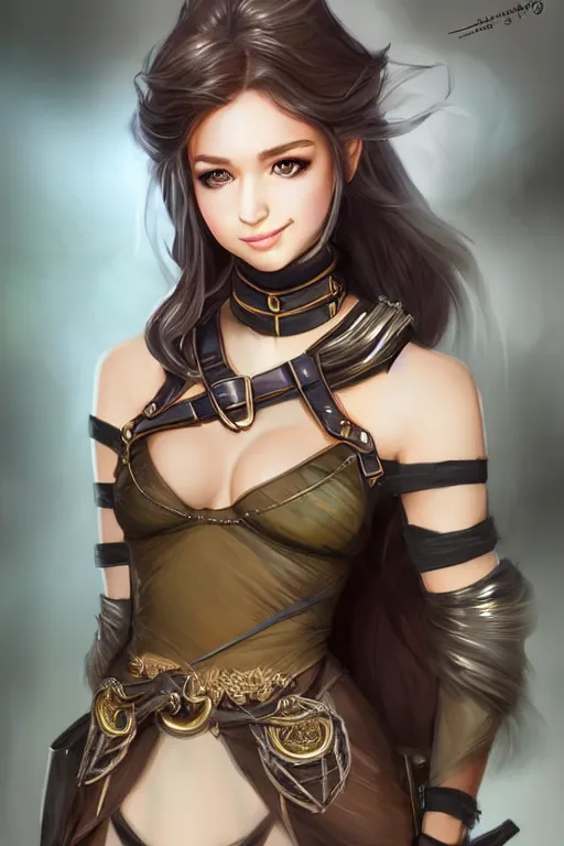 Prompt: a full body portrait of a gorgeous female ranger, looking at camera, D&D, choker on neck, stylish dress, very long flowing hair, intricate, elegant, stylish, cute slightly nerdy smile, mouth slightly open, fantasy, extremely detailed, digital painting, artstation, concept art, smooth, sharp focus, illustration, stunning lighting, art by artgerm and greg rutkowski and alphonse mucha and simon stalenhag