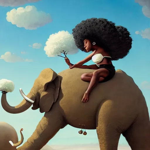 Image similar to a black girl with afro puffs wearing a white robe riding a giant steampunk elephant in a black sand oasis with an acacia tree, by greg rutkowski and android jones, oil on canvas, 8k hd,