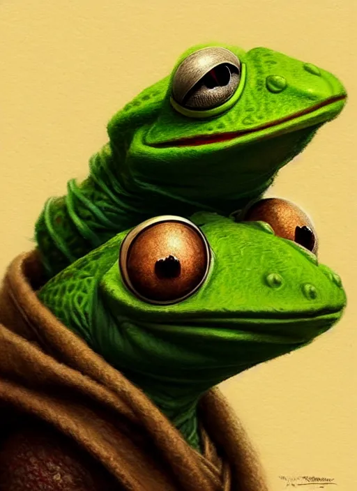 Prompt: Portrait of Kermit the frog, D&D, fantasy, intricate, elegant, highly detailed, digital painting, artstation, concept art, smooth, sharp focus, illustration, art by artgerm and greg rutkowski and alphonse mucha