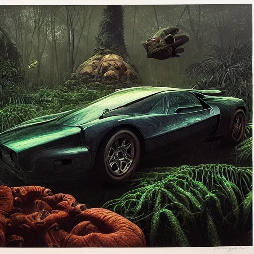 Prompt: a hyperrealistic painting of an exotic sports car in the middle of an alien jungle, bioluminescent plants, by john kenn mortensen and zdzislaw beksinski, highly detailed, vivid color,