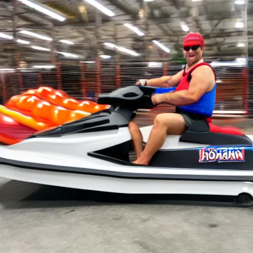 Image similar to hotdog mascot driving a jetski in Costco