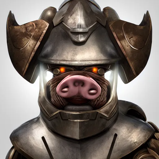 Prompt: head shot of a humanoid pig wearing iron armor and helmet, digital art, highly detailed, dungeons and dragons avatar portrait, trending on artstation