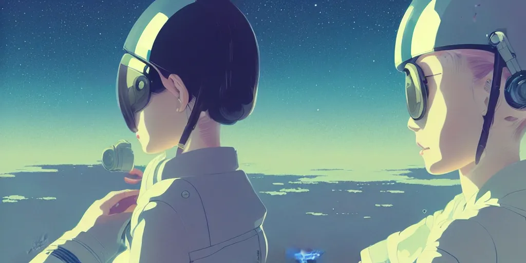 Image similar to portrait of a girl with astronaut helmets by ilya kuvshinov, cloudy sky background lush landscape ln illustration concept art anime key visual trending pixiv by victo ngai fanbox by greg rutkowski makoto shinkai takashi takeuchi studio ghibli