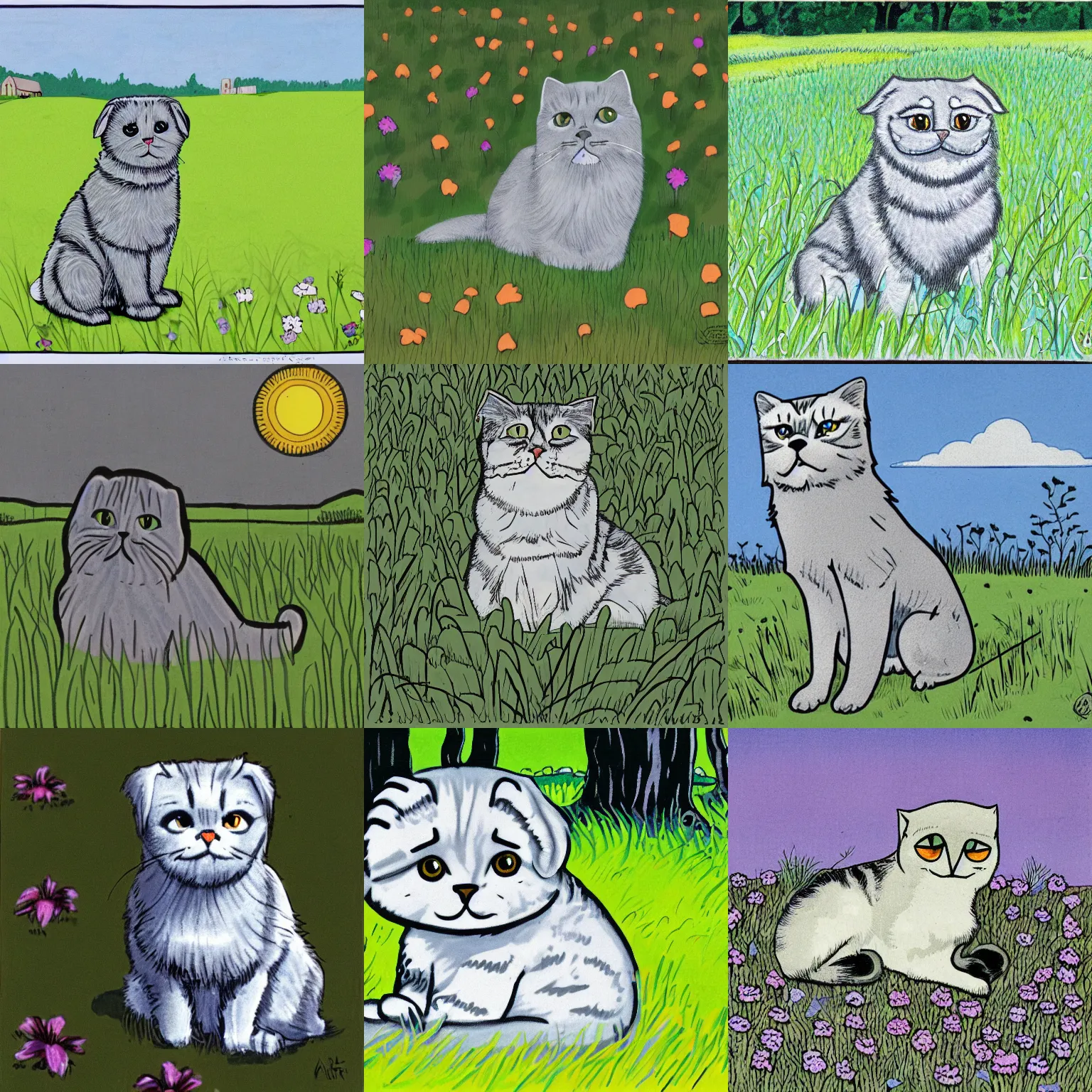 Prompt: a gray scottish fold sitting in the middle of sunny meadow, colored, by alex toth