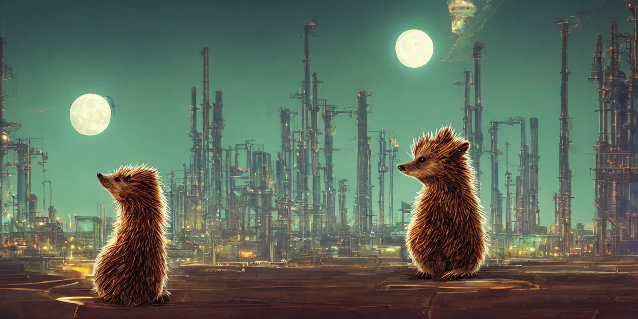 Image similar to a professional portrait, of an anthropomorphic brown hedgehog sitting outside of a cyberpunk academy, factories and power plants in the background, big moon in background, green smoggy sky, cinematic lighting, metal towers and sewers, holograms, artstation, omni magazine,