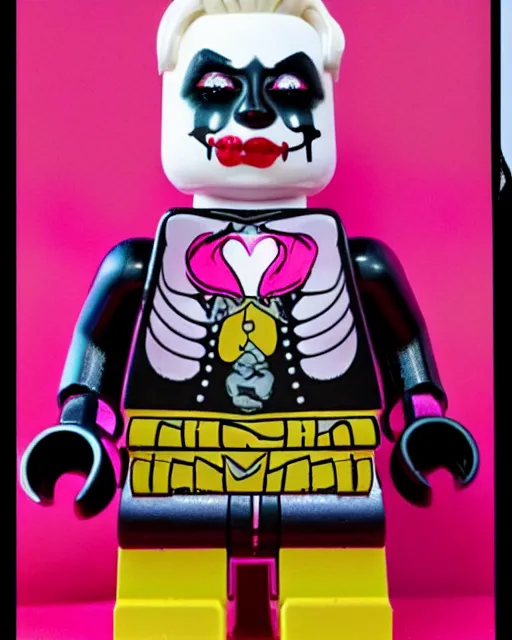 Image similar to a minifigure of a goth girl wearing pink, icp juggalo clown make up