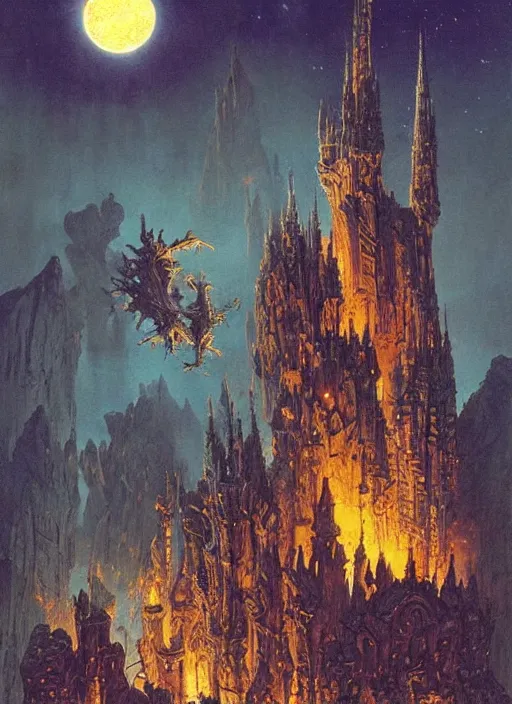 Image similar to giant gorgeous castle with a lot of small towers and spikes, deep night scene with a lot of fire and magical sky with two moons and a lot of stars. d & d, dark fantasy, gorgeous lighting, highly detailed, volumetric lights. by zdzisław beksinski and norman rockwell and greg rutkowski. weta studio, and lucasfilm