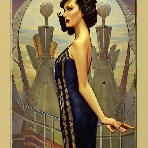 Prompt: a streamline moderne, ( art nouveau ), ( dieselpunk ) painting in the style of charlie bowater, and in the style of donato giancola, and in the style of charles dulac. symmetry, smooth, sharp focus, semirealism, intricate symmetrical ultrafine background detail.