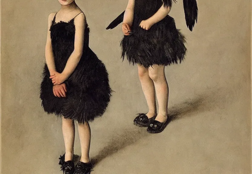 Image similar to beautiful little girl with a short black haircut wearing a dress made of black feathers, artwork in balthus art style, anatomically perfect