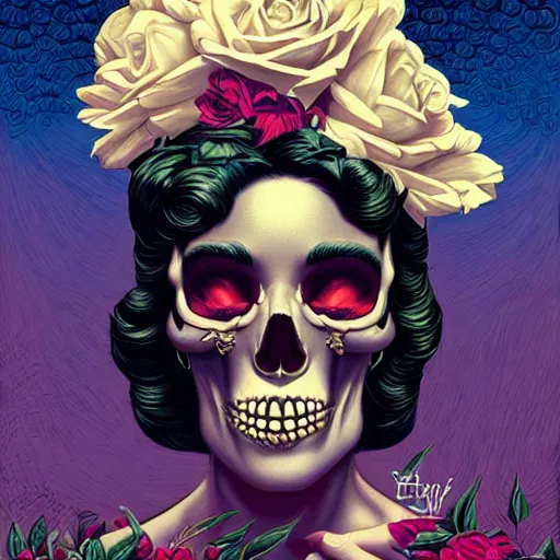 Image similar to a beautiful fancy skull lady by dan mumford and gil elvgren