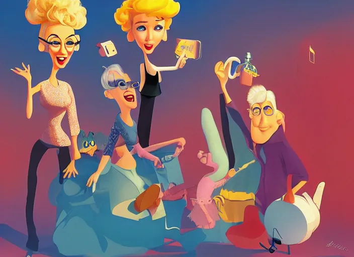 Prompt: pixar cartoon character of bea arthur being happy with her friends from the golden girls. style by petros afshar, christopher balaskas, goro fujita, and rolf armstrong.