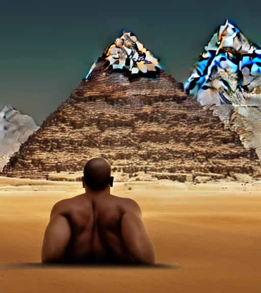 Image similar to a beefy man with a machine gun, egyptian pyramid in the background, 4 k, sharp focus, illustration, highly detailed, cinematic, photorealistic, cyberpunk