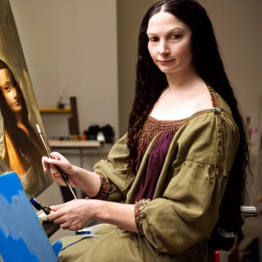 Image similar to A woman that looks like Mona Lisa is painting a portrait of Lenoardo da Vinci in a workshop