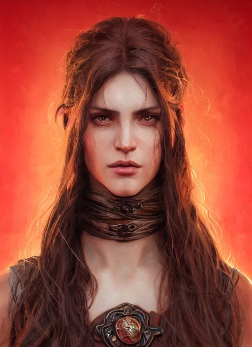 Image similar to vertical portrait of a ruggedly handsome female cleric, soft hair, close - up face, leather, witchy, d & d, fantasy, intricate, elegant, highly detailed, digital painting, artstation, concept art, smooth, sharp focus, illustration, art by artgerm and greg rutkowski and alphonse mucha, plain red background