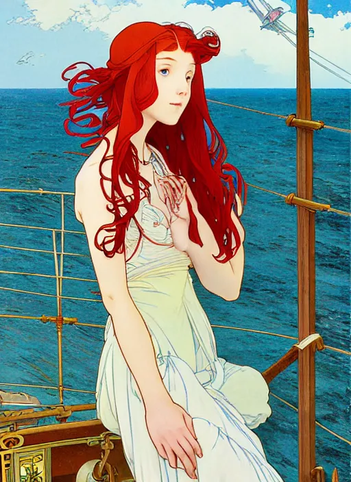 Image similar to a pretty young woman with long red hair blowing in the wind is leaning on the rail of a sailing ship, looking out to sea, path traced, highly detailed, high quality, digital painting, by studio ghibli and alphonse mucha, ron cobb, leesha hannigan, hidari, art nouveau, chiho aoshima, jules bastien - lepage