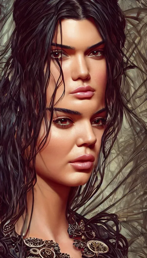 Prompt: kendall jenner, bold, passionate, seductive, expressive, charismatic, very sweaty, intricate fashion clothing, insane, intricate, highly detailed, digital painting, artstation, concept art, surrealistic, smooth, sharp focus, illustration, unreal engine 5, 8 k, art by artgerm and greg rutkowski and alphonse mucha