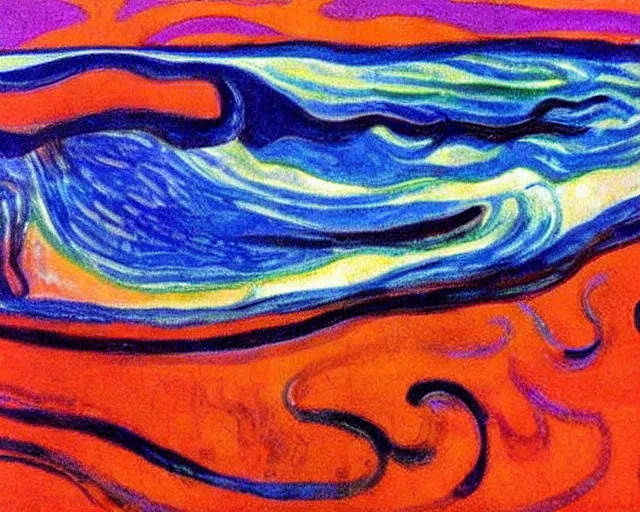 Image similar to Ocean waves in a psychedelic dream world. DMT. Curving rivers. Edvard Munch. Emil Nolde. Minimalist.