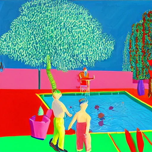 Prompt: having a cool party birthday party, painting by david hockney, highly detailed