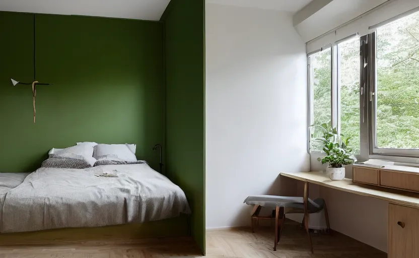 Image similar to interior of a compact bedroom in an apartment building, bed, green wall, cupboards, japanese design, swedish design, natural materials, minimalism, pine wood, earth colors, feng shui, rustic, white, beige, bright, plants, windows with a view of a green park, modernist, 8 k