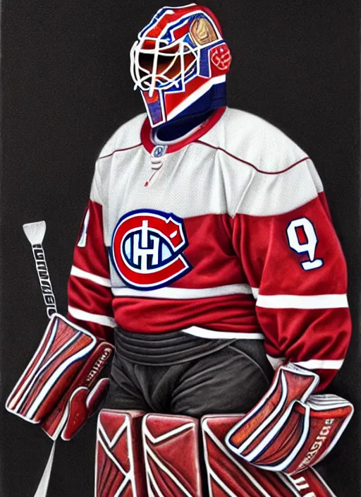 Image similar to portrait of supreme goaltender patrick roy, habs royalty, extravagant, lord, full body equipment, military goalie uniform, 4 stanley cups, fantasy, intricate, elegant, beautiful, highly detailed, charcoal, centered, dark, smokey, digital painting, artstation, concept art, art by artgerm and greg rutkowski and alphonse mucha