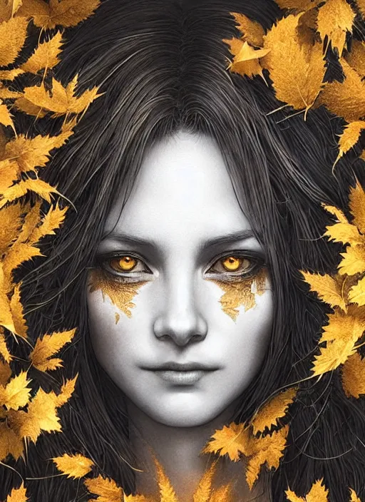 Image similar to golden leaves at frame border, creative!!! composition for a book cover!!!, absurdly beautiful, ultrafine hyperrealistic detailed old witch face by wlop and artgerm and greg rutkowski, intricate linework, sharp focus, smooth, octopath traveler, final fantasy, unreal engine, dramatic lighting, ethereal, 8 k