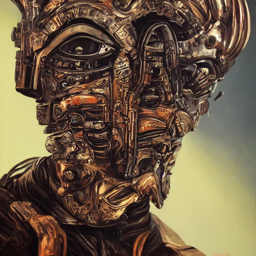 Image similar to painting of an intense futuristic tribal mask. pulp sci - fi art for omni magazine. high contrast. dark background. baroque period, oil on canvas. renaissance masterpiece. muted colors, soft gradients. trending on artstation. retrofuturism.