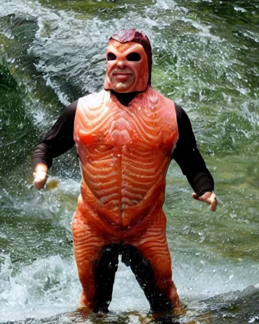 Prompt: salmon man, the half - man half - salmon superhero