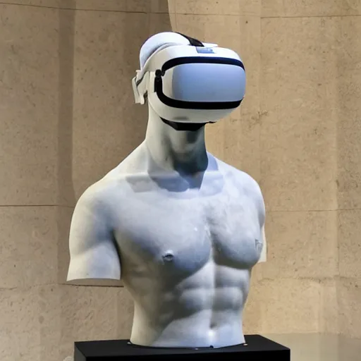 Image similar to a greek white marble statue wearing a vr headset displayed in a museum