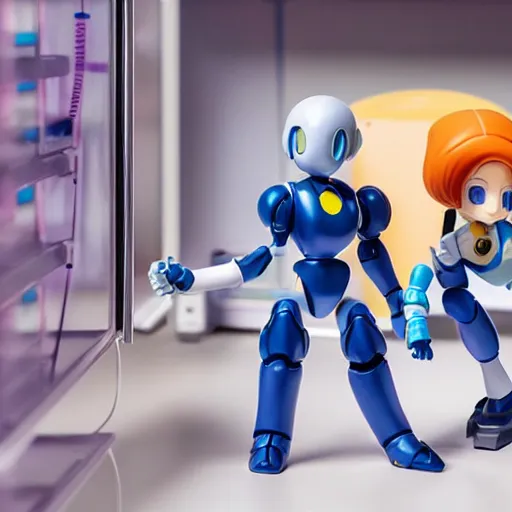 Image similar to photo of figma figures inside a diorama of a laboratory : : a cute female robot in the style of mega man with long hair is repairing computers. she is being helped by a companion robot.