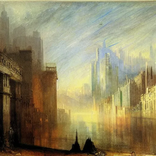 Prompt: cyberpunk city landscape with hooded figure painted by William Turner 1860