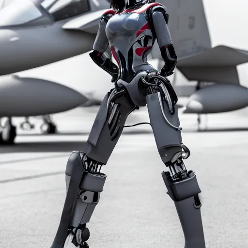 Prompt: complex robot fighter pilot lady posing outside fighter jet