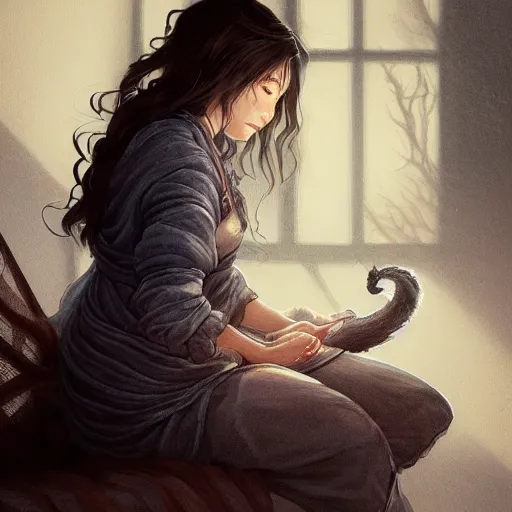 Image similar to a woman with dark wavy hair sitting doing embroidery, a cat sits at her feet, D&D, fantasy, cinematic lighting, highly detailed, digital painting, artstation, concept art, smooth, sharp focus, illustration, warm light, cozy warm tint, magic the gathering artwork, volumetric lighting, 8k, art by Akihiko Yoshida, Greg Rutkowski