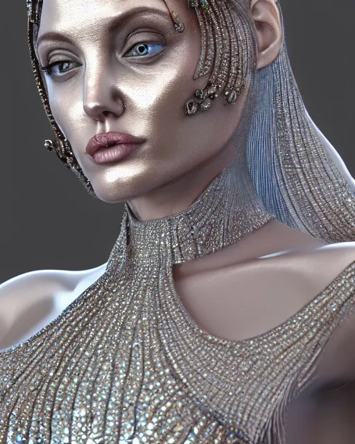 Prompt: a highly detailed metahuman 8 k close up render of angelina jolie renaissance in iris van herpen dress schiaparelli in diamonds crystals swarovski and jewelry iridescent in style of alphonse mucha gustav klimt trending on artstation made in unreal engine 4