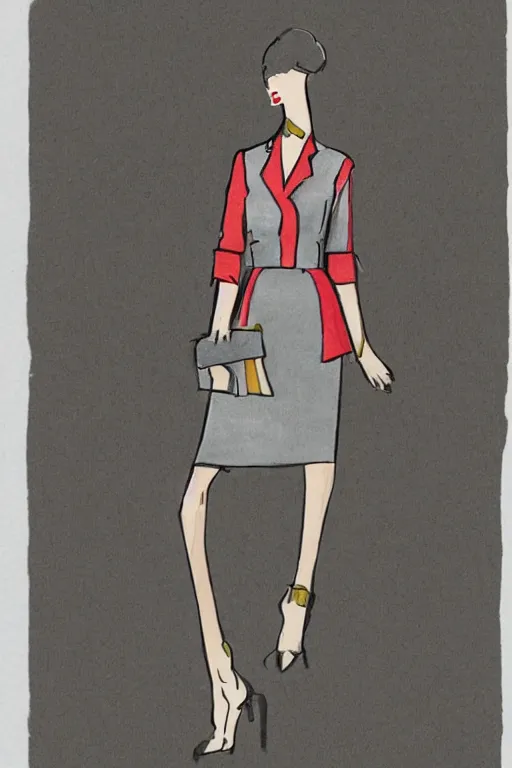 Prompt: a detailed fashion illustration of a midcentury hostess outfit with pants