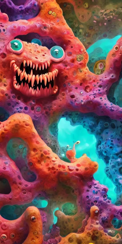 Image similar to of a colorful deep sea cave with strange cute friendly happy creatures with huge eyes, mouth, long tongue and round teeth appearing from sandy coral, in the style of gehry and gaudi, macro lens, shallow depth of field, ultra detailed, digital painting, trending artstation, concept art, illustration, cinematic lighting, photorealism, epic, octane render