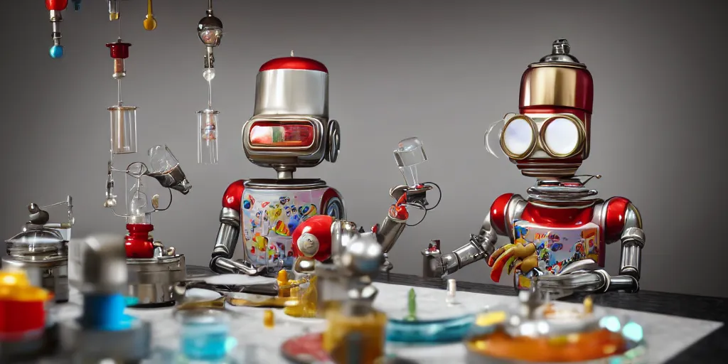 Prompt: closeup portrait of tin toy retro robot chef mixing colourful lab vials cooking pastry in a kitchen, depth of field, zeiss lens, detailed, centered, fashion photoshoot, by nicoletta ceccoli, mark ryden, lostfish, breathtaking, 8 k resolution, extremely detailed, beautiful, establishing shot, artistic, hyperrealistic, octane render