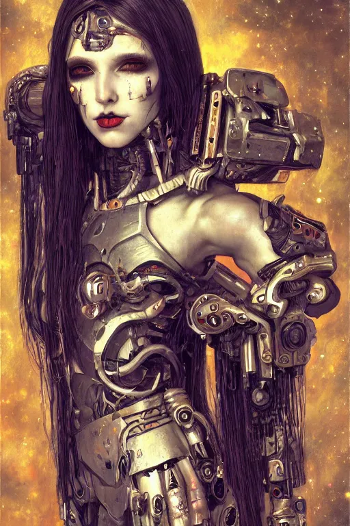 Prompt: portrait of beautiful young gothic cyborg maiden, cyberpunk, Warhammer, kiss, highly detailed, artstation, illustration, art by Gustav Klimt