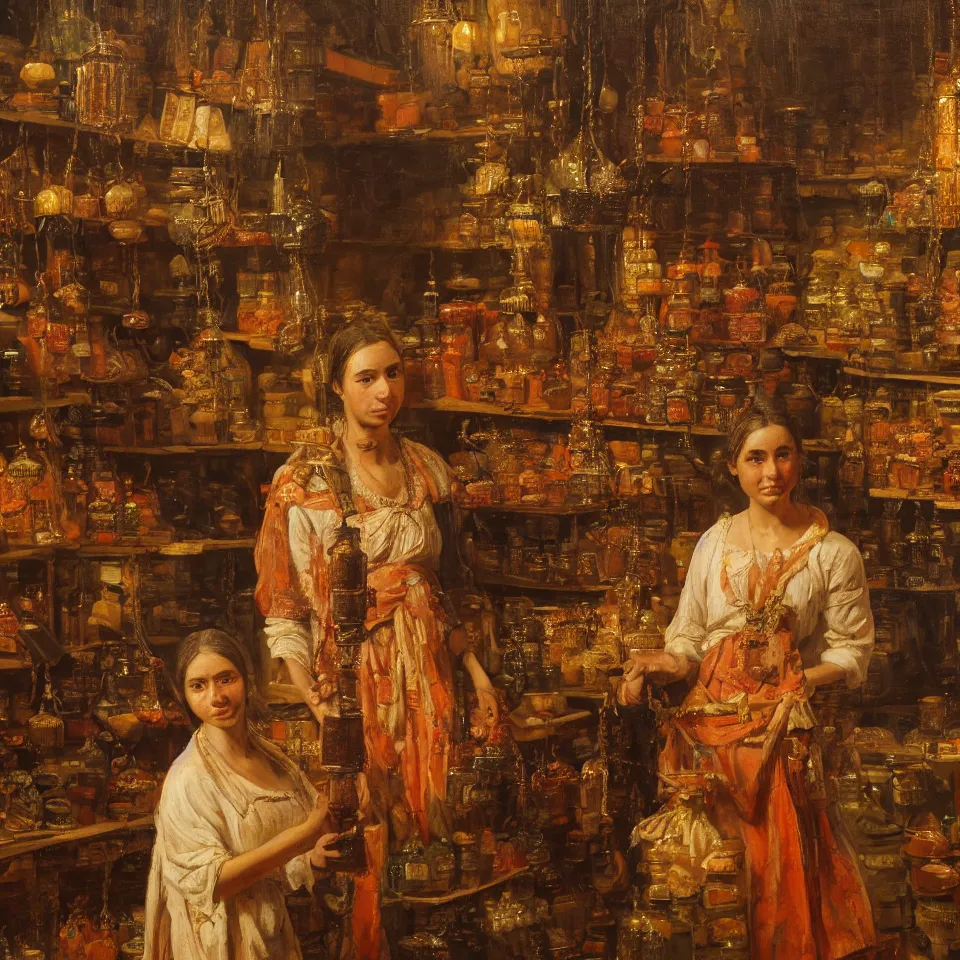 Image similar to young woman standing in a spice market at night byjohann mongels culverhouse, oil on canvas, masterful intricate artwork, excellent lighting, high detail 8 k