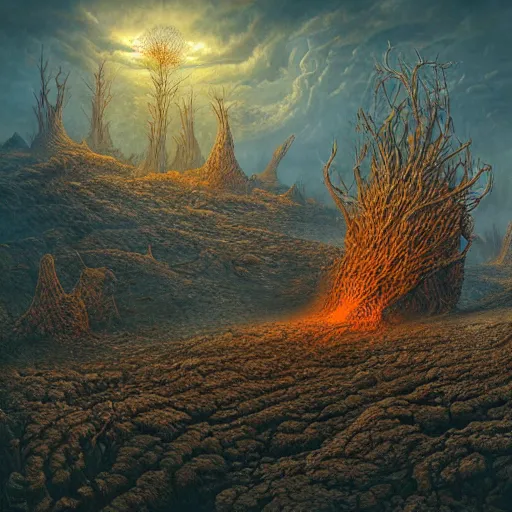 Image similar to scorched horror land by Dariusz Zawadzki, Tomasz Alen Kopera, Andrew Ferez, Remedios Varo, Mariusz Lewandowski, Zdzisław Beksiński, dramatic lighting