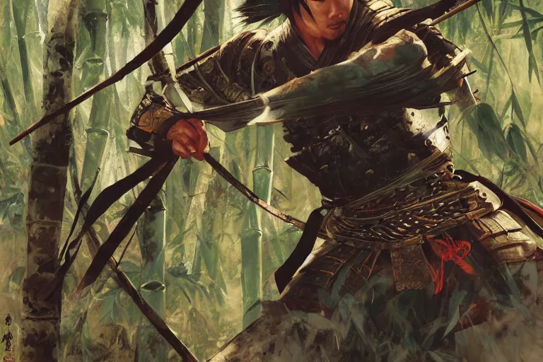 Image similar to close up of samurai in full armor, in a mysterious and bamboo forest, dawn, by huang guangjian and gil elvgren, sachin teng, greg manchess