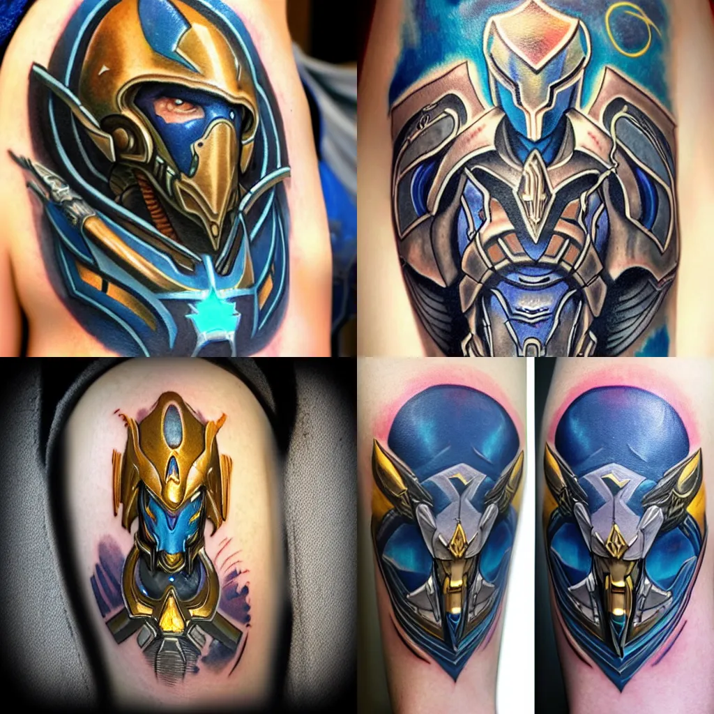 Prompt: tattoo of a Protoss zealot, starcraft 2, fine detail, art deco